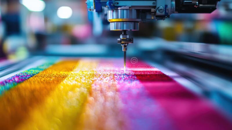 Industriella broderier som broderar färgstarka textilier med precision arkivfoton