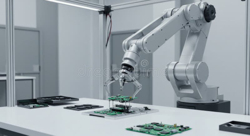 Industriella robotstyrda kretskort i laboratorieställning arkivfoton