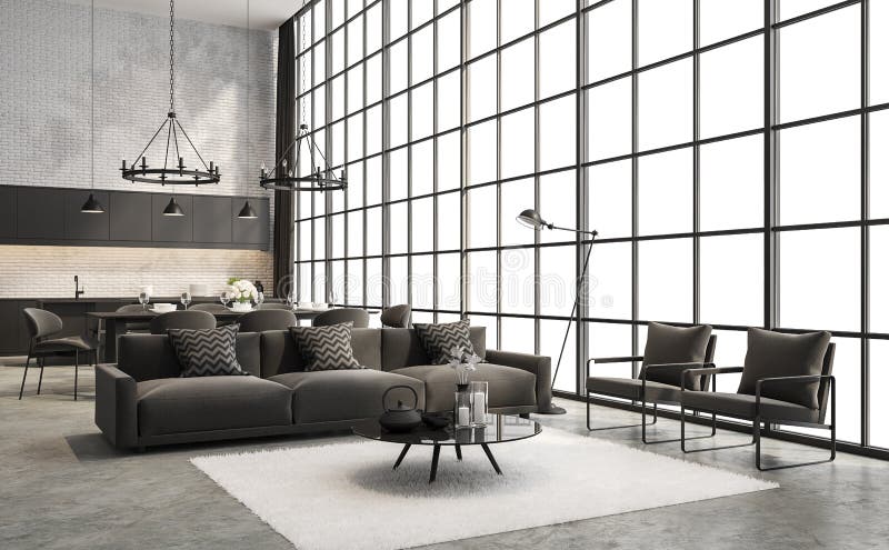 Industrielle Dachbodenartleben und Esszimmer Innen-3d übertragen vektor abbildung
