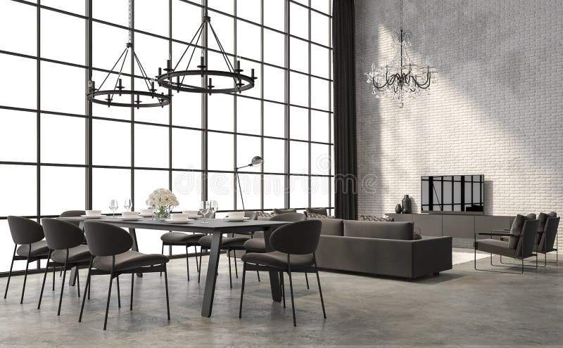 Industrielle Dachbodenartspeisen und Wohnzimmer Innen-3d zu übertragen lizenzfreie abbildung