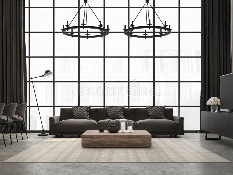 Industrielle Dachbodenleben und Esszimmer 3d übertragen stock abbildung