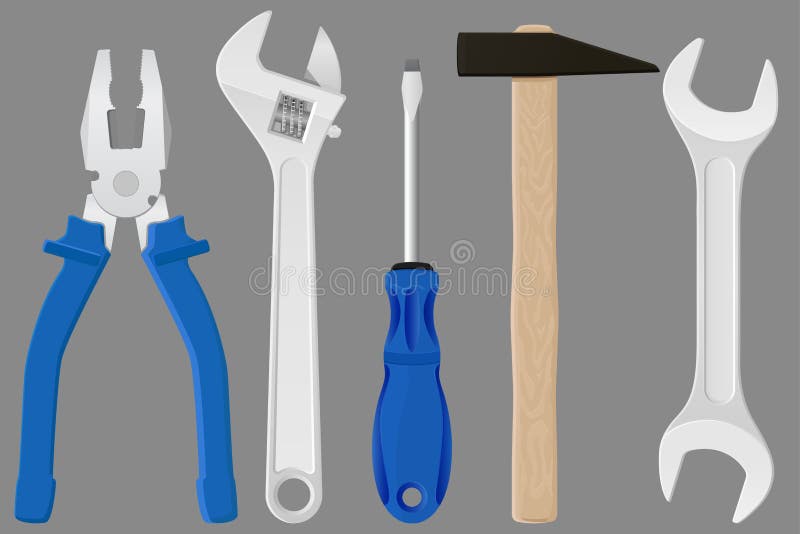 Industrielle Werkzeugausrüstung - Zangen, justierbarer Schlüssel, Schraubenzieher, Hammer, Schlüssel stock abbildung Industrielle Werkzeugausrüstung - Zangen, justierbarer Schlüssel, Schraubenzieher, Hammer, Schlüssel stock abbildung
