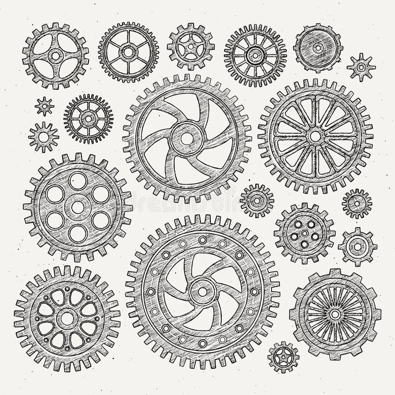 Industrieller Illustrationssatz Mechanisches Metall Dreht Gänge Und  Zahnräder Vektormonochromillustrationen Vektor Abbildung - Illustration von  ikone, technik: 96681461