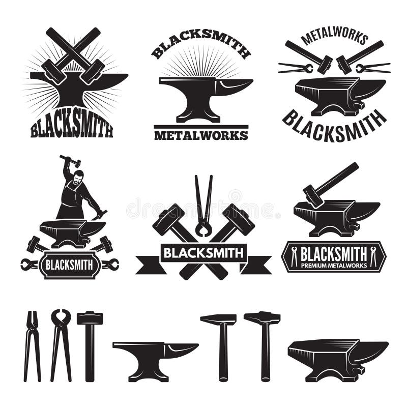 Industrieller Logosatz Aufkleber für Schmied Vector Designschablone mit Platz für Ihren Text vektor abbildung Industrieller Logosatz Aufkleber für Schmied Vector Designschablone mit Platz für Ihren Text vektor abbildung