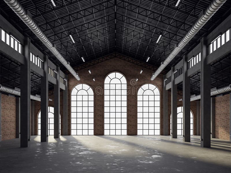 Industrieloft Stil leere alte Lagerhalle Inneren 3rendern lizenzfreie abbildung