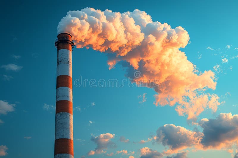 Industrieschornstein, der dicken Rauch gegen das Konzept der Luftverschmutzung durch blauen Himmel emittiert lizenzfreies stockfoto