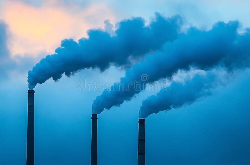 Industrieschornsteine bei Twilight, die dick rauchen und Luftverschmutzung verursachen stockfotografie