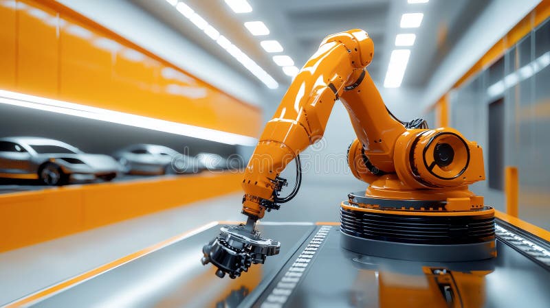 Industrirobotar som monterar bildelar i högteknologiska fabriker. Begreppet automatiseringsrobottillverkning smart royaltyfri foto