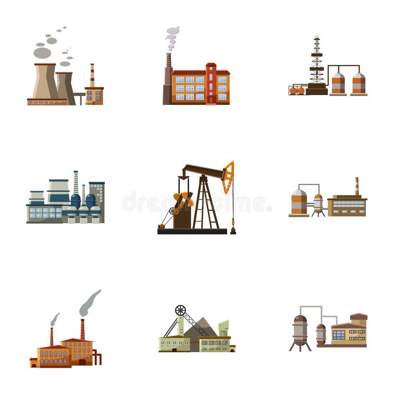 Industriële complexe geplaatste pictogrammen, beeldverhaalstijl stock illustratie Industriële complexe geplaatste pictogrammen, beeldverhaalstijl stock illustratie