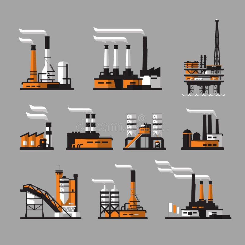 Industriële fabriekspictogrammen op grijze achtergrond vector illustratie Industriële fabriekspictogrammen op grijze achtergrond vector illustratie
