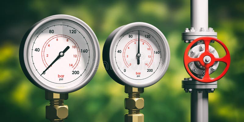 Industriële manometers, pijpleidingen en kleppen op onduidelijk beeld groene achtergrond, 3d illustratie vector illustratie Industriële manometers, pijpleidingen en kleppen op onduidelijk beeld groene achtergrond, 3d illustratie vector illustratie