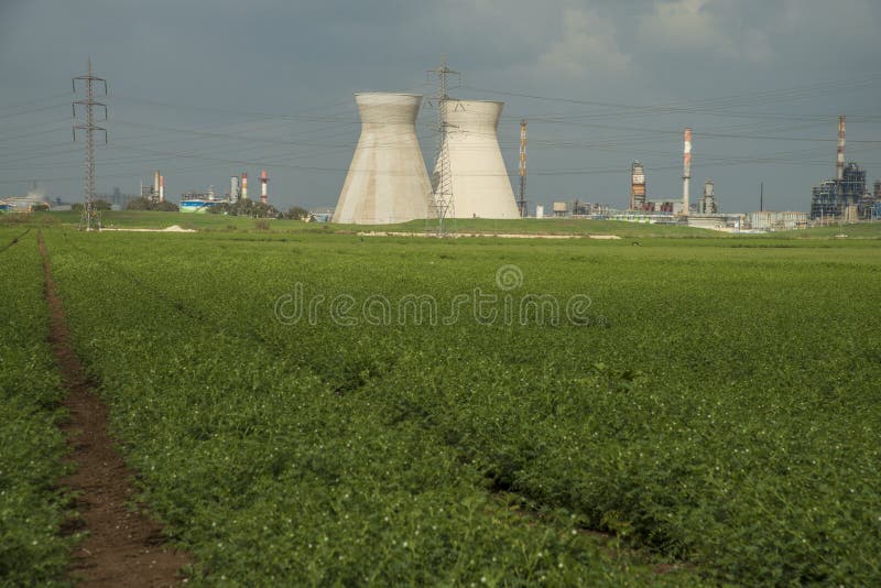 Industriële raffinaderijkoelers op een katoenen gebied in Haifa, Israël stock fotografie Industriële raffinaderijkoelers op een katoenen gebied in Haifa, Israël stock fotografie
