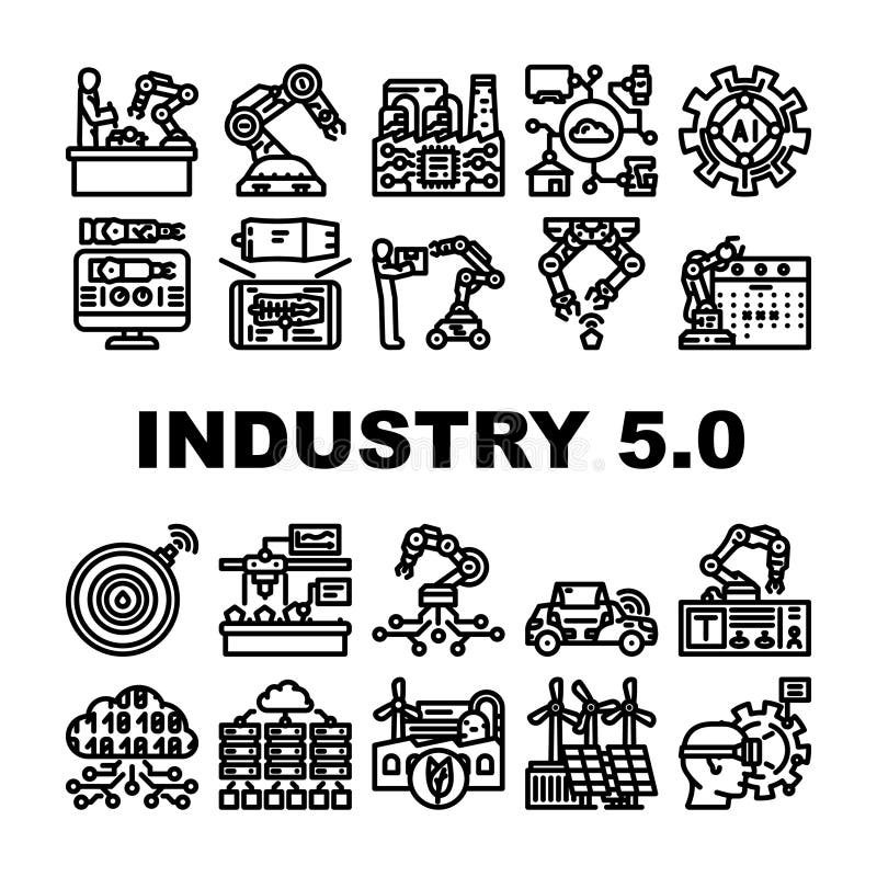Industry 5 automation robotics icons set vector. ai collaboration, innovation efficiency, sustainability personalization industry 5 automation robotics black contour illustrations. Robotics icons vectors