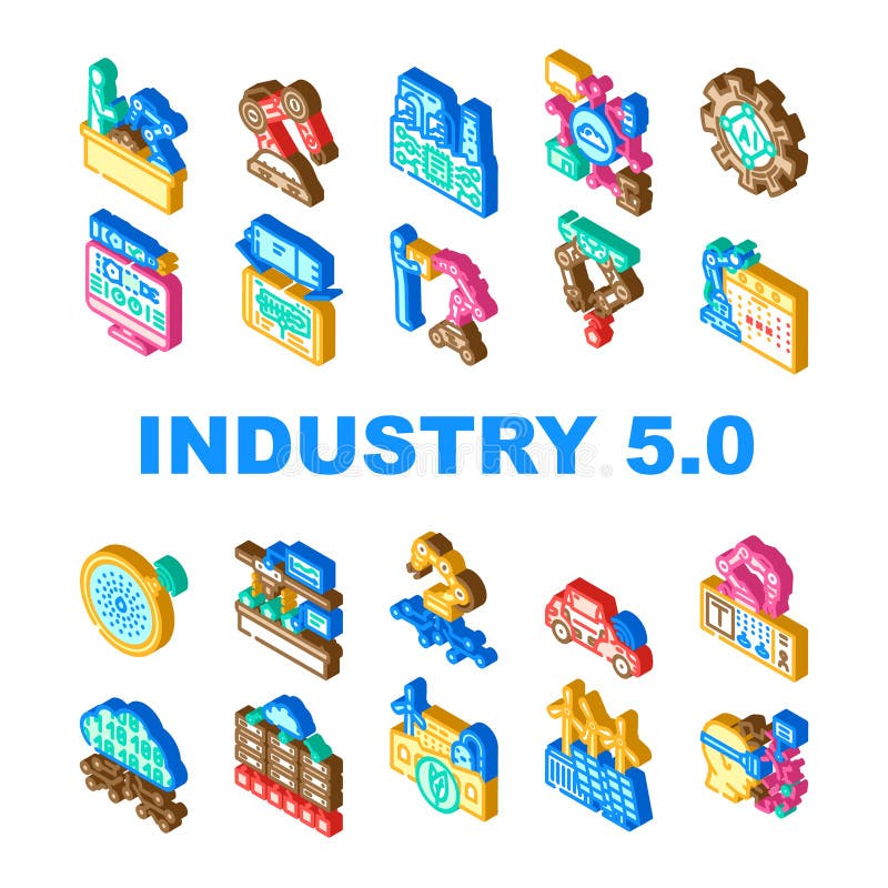Industry 5 automation robotics icons set vector. ai collaboration, innovation efficiency, sustainability personalization industry 5 automation robotics isometric sign illustrations. Robotics icons vectors