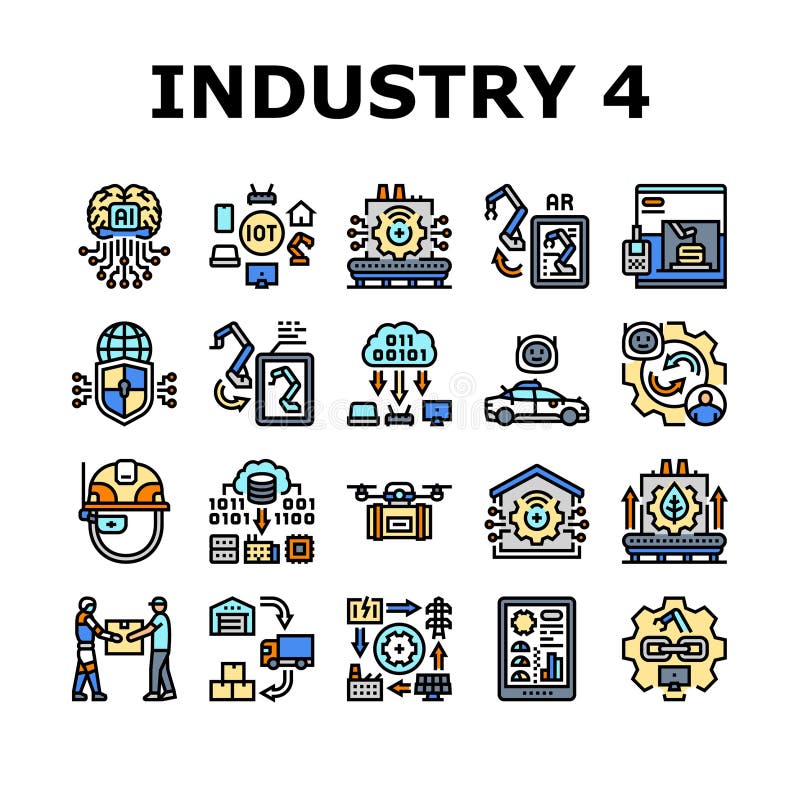 Industry 4. 0 automation robotics icons set vector. cybersecurity bigdata, analytics, cloud smart, connectivity, sensors industry 4. 0 automation robotics color line illustrations. Robotics icons vectors