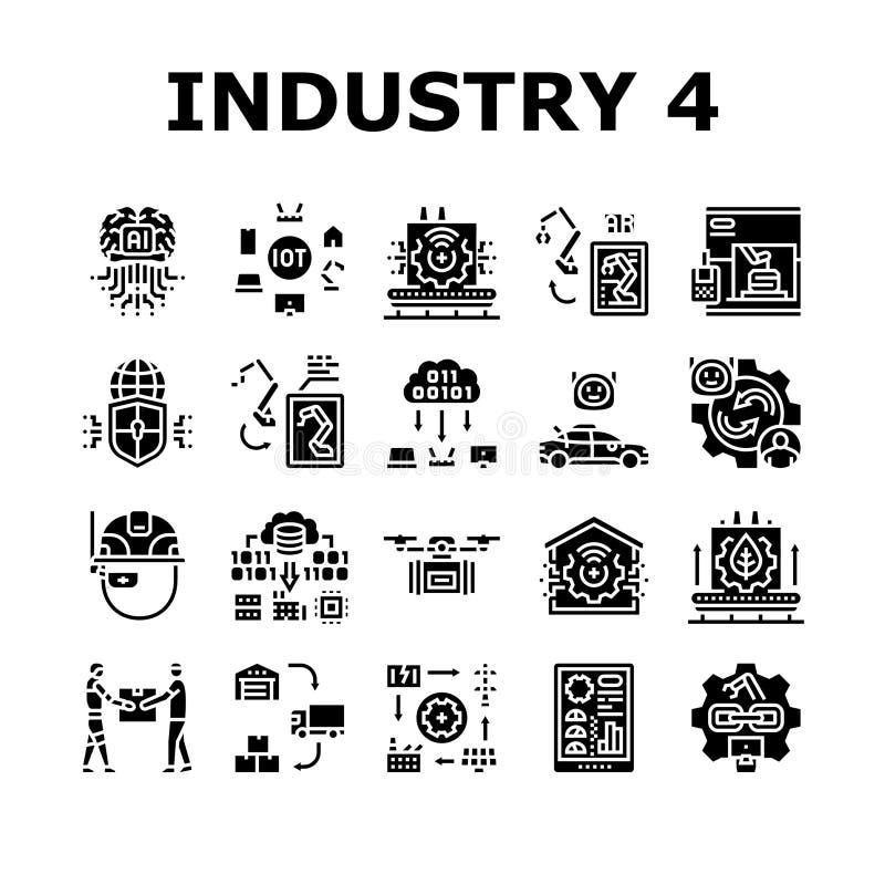 Industry 4. 0 automation robotics icons set vector. cybersecurity bigdata, analytics, cloud smart, connectivity, sensors industry 4. 0 automation robotics glyph pictogram Illustrations. Robotics icons vectors
