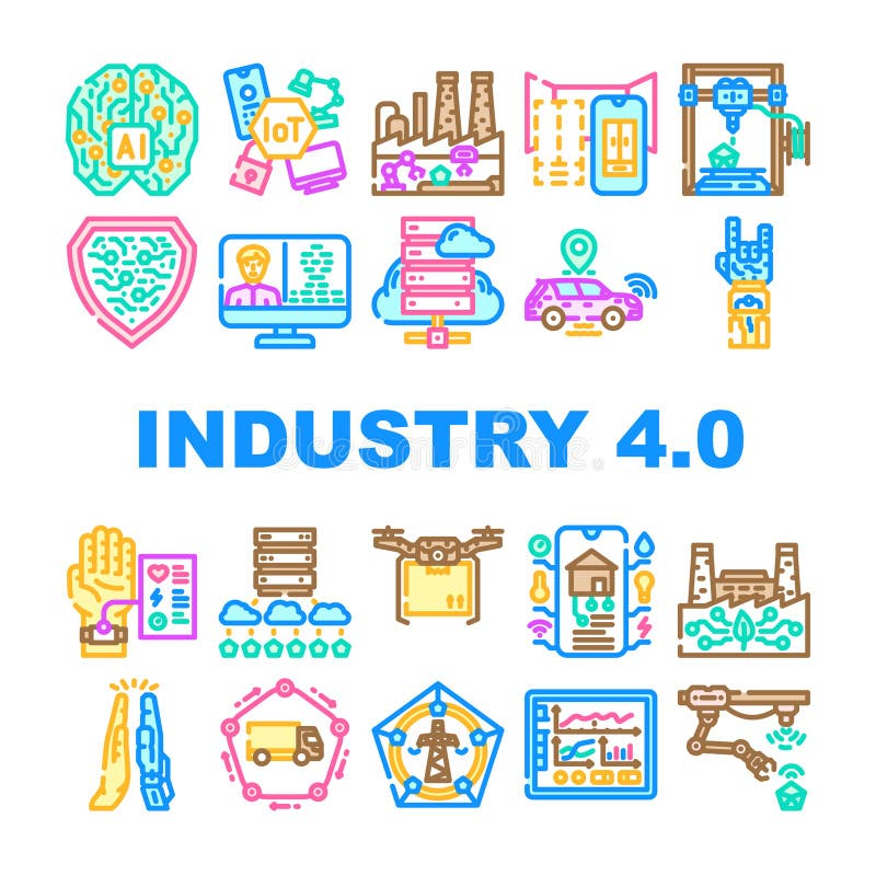 Industry 4 automation robotics icons set vector. cybersecurity bigdata, analytics cloud, smart, connectivity sensors, machine learning industry 4 automation robotics color line illustrations. Robotics icons illustrations