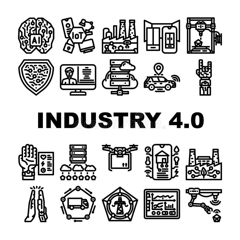 Industry 4 automation robotics icons set vector. cybersecurity bigdata, analytics cloud, smart, connectivity sensors, machine learning industry 4 automation robotics black contour illustrations. Robotics icons vectors