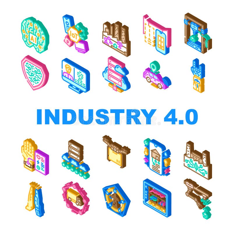 Industry 4 automation robotics icons set vector. cybersecurity bigdata, analytics cloud, smart, connectivity sensors, machine learning industry 4 automation robotics isometric sign illustrations. Robotics icons vectors