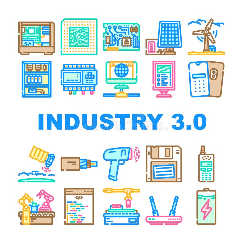 Industry 3 automation robotics icons set vector. iot cybernetics, sensors data, analytics ai, machinelearning, connectivity industry 3 automation robotics color line illustrations. Robotics icons illustrations