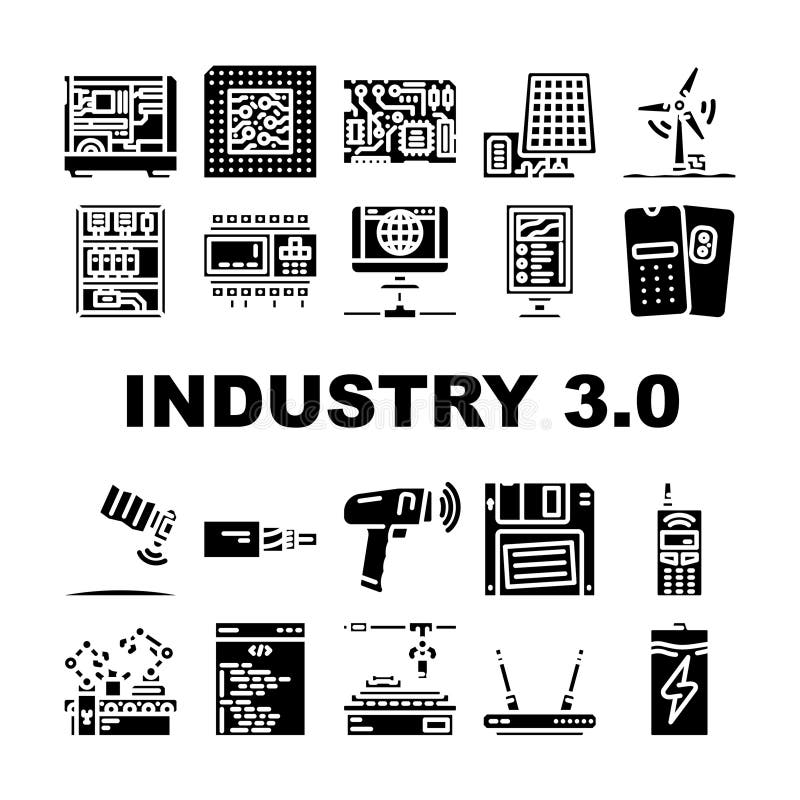 Industry 3 automation robotics icons set vector. iot cybernetics, sensors data, analytics ai, machinelearning, connectivity industry 3 automation robotics glyph pictogram Illustrations. Robotics icons vectors