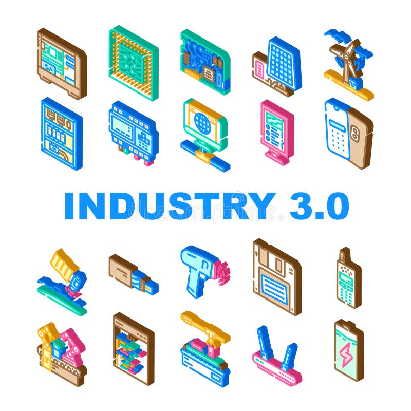 Industry 3 automation robotics icons set vector. iot cybernetics, sensors data, analytics ai, machinelearning, connectivity industry 3 automation robotics isometric sign illustrations. Robotics icons vectors