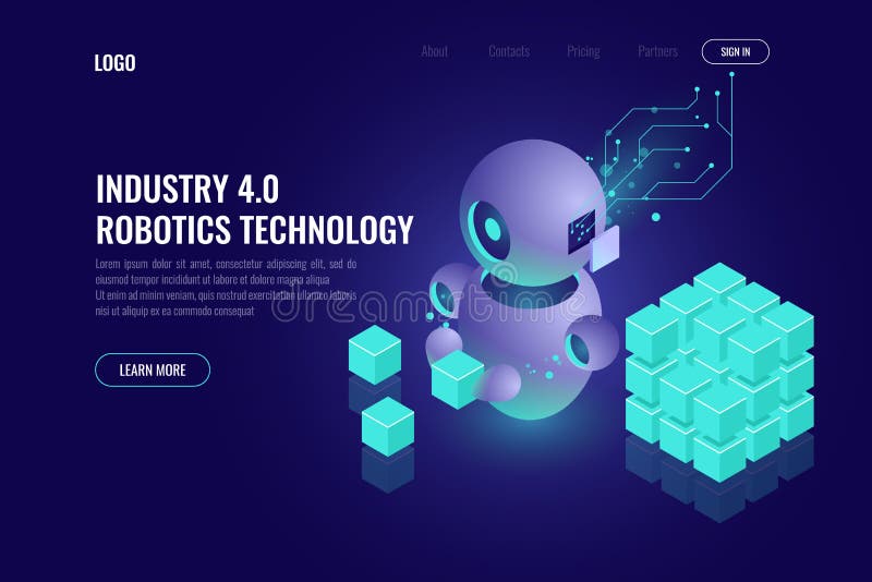 Industry 4.0 concept, big data isometric robotics technology, automating the process with a robot, organize and sort vector illustration Industry 4.0 concept, big data isometric robotics technology, automating the process with a robot, organize and sort vector illustration