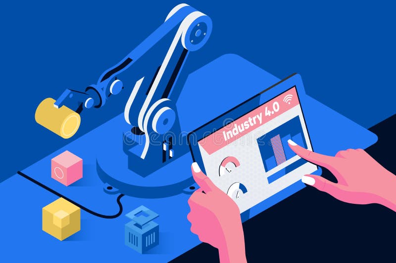 Industry 4.0 concept.Engineer hand using tablet, heavy automation robot arm machine in smart factory industrial vector illustration Industry 4.0 concept.Engineer hand using tablet, heavy automation robot arm machine in smart factory industrial vector illustration