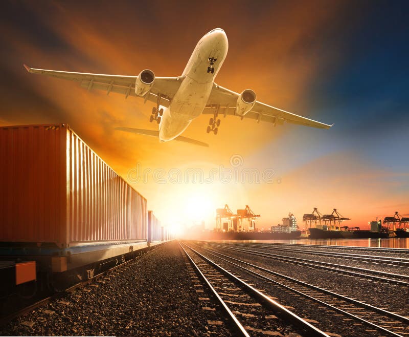 Industry container trainst running on railways track plane cargo