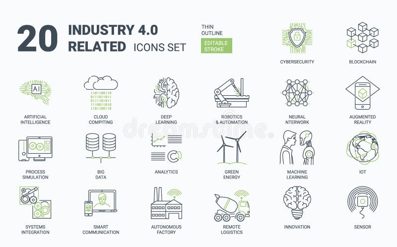 Industry 4.0 Simple Icons Set with Editable Stroke and Linear Style