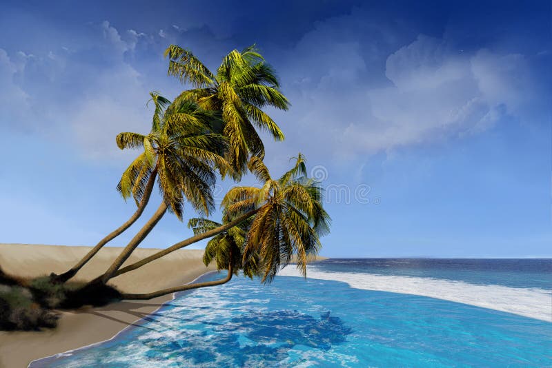 Several Palm trees hover over waves coming to the shore on an ocean island. Several Palm trees hover over waves coming to the shore on an ocean island.