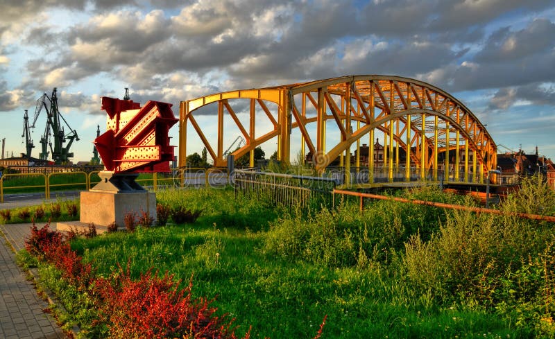 Gdansk industrial landscape with construction symbols. Hdr bridge stock images, royalty-free photos and pictures