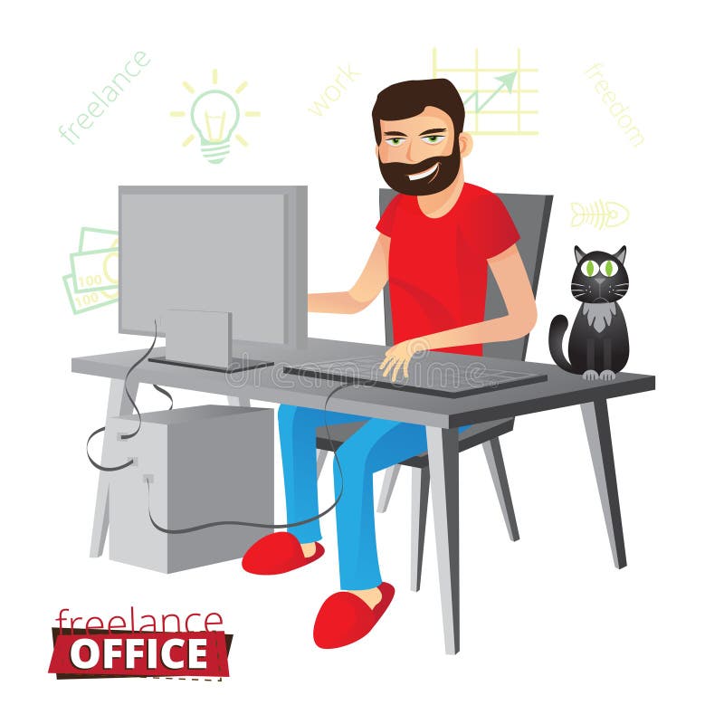 Indépendant barbu drôle travaillant à la maison sur l'ordinateur en rouge illustration de vecteur Indépendant barbu drôle travaillant à la maison sur l'ordinateur en rouge illustration de vecteur