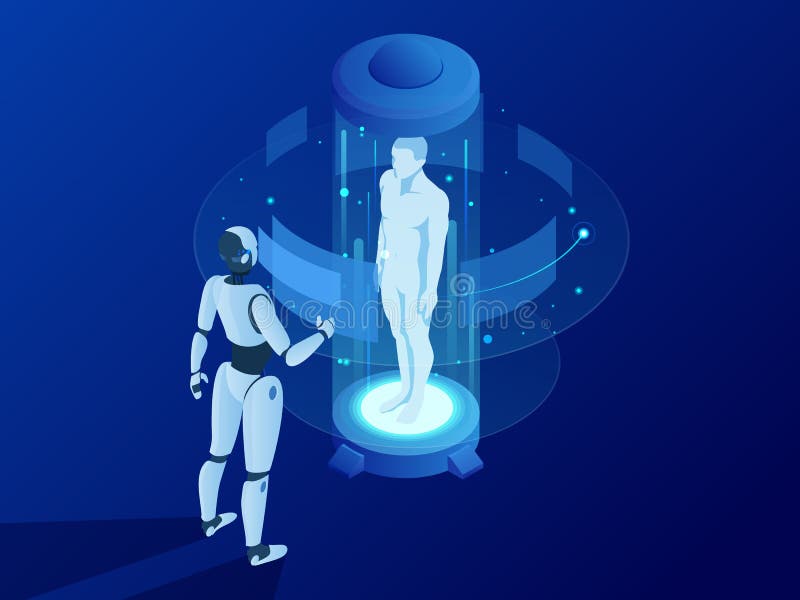 Indústria 4 0 conceitos de sistemas Cyber-físicos Cyborg isométrico do robô com a inteligência artificial que trabalha no hud abs ilustração royalty free Indústria 4 0 conceitos de sistemas Cyber-físicos Cyborg isométrico do robô com a inteligência artificial que trabalha no hud abs ilustração royalty free