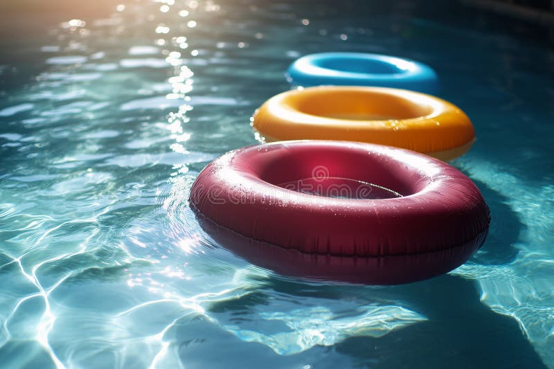 Inele colorate gonflabile plutind într-o piscină liniștită într-o zi însorită stock photography