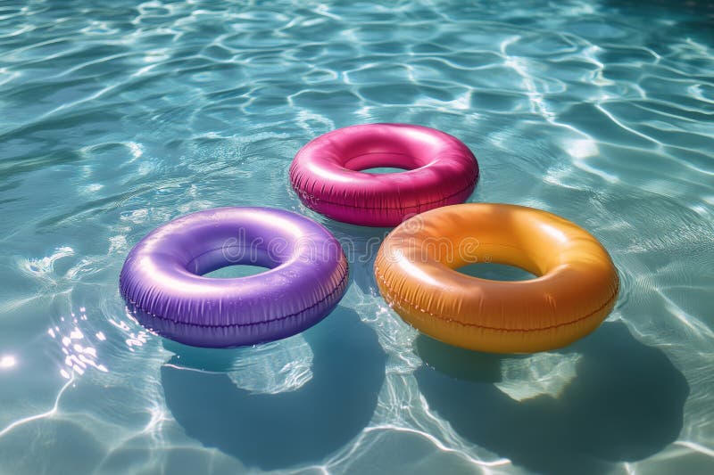 Inele colorate gonflabile plutind într-o piscină liniștită într-o zi însorită stock image
