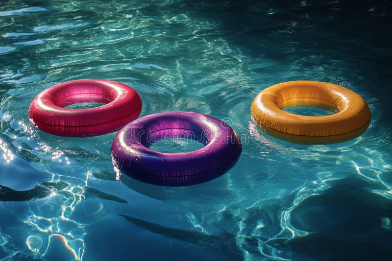 Inele colorate gonflabile plutind într-o piscină liniștită într-o zi însorită stock photos