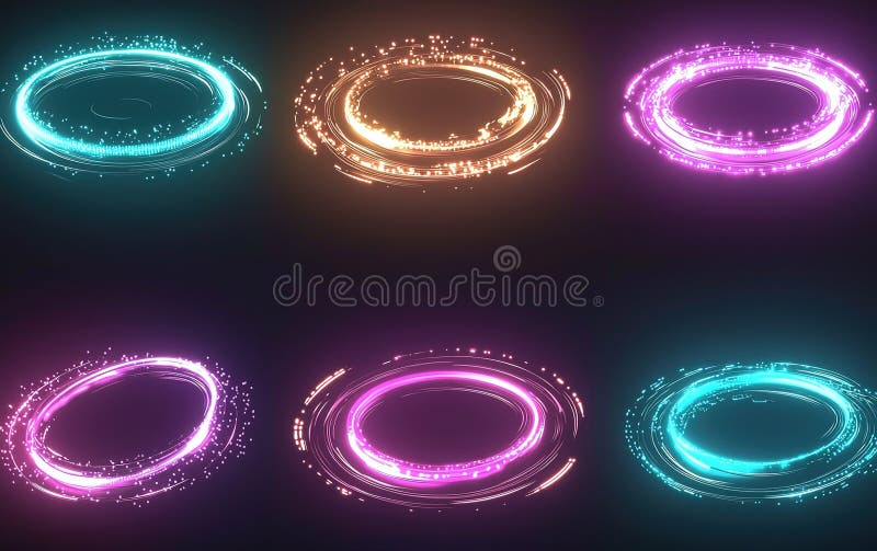Inele de energie strălucitoare colorate într-un fond întunecat, prezentând diferite nuanțe vibrante și modele circulare dinamice stock illustration