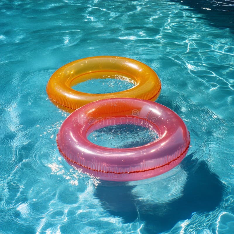 Inele gonflabile colorate care plutesc în apă de piscină cu lumină solară într-o zi strălucită royalty free stock photography
