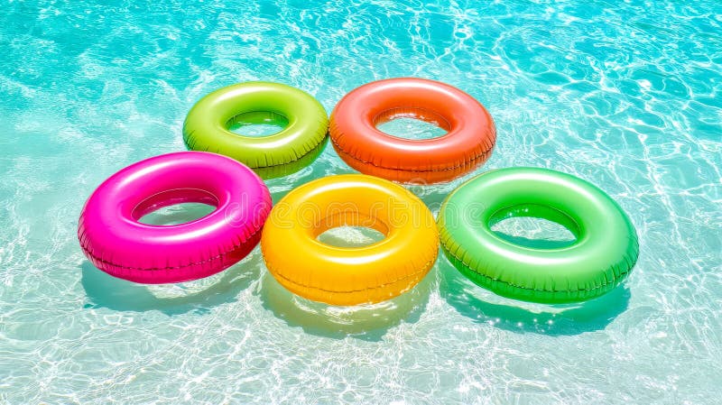 Inele gonflabile colorate care plutesc într-o piscină spumantă royalty free stock photos