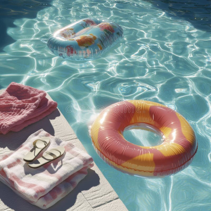 Inele gonflabile colorate plutind în piscină cu prosop și flipflops în apropiere royalty free stock images