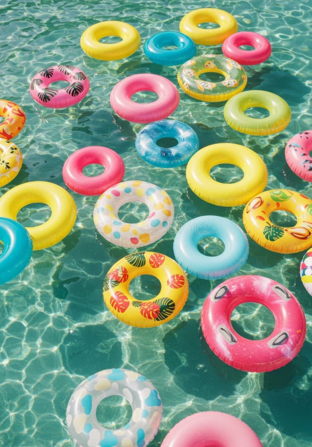 Inele gonflabile colorate plutind într-o piscină stock image