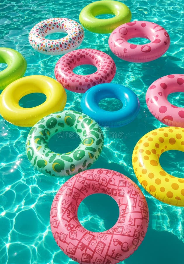 Inele gonflabile colorate plutind într-o piscină turcoaz royalty free stock images