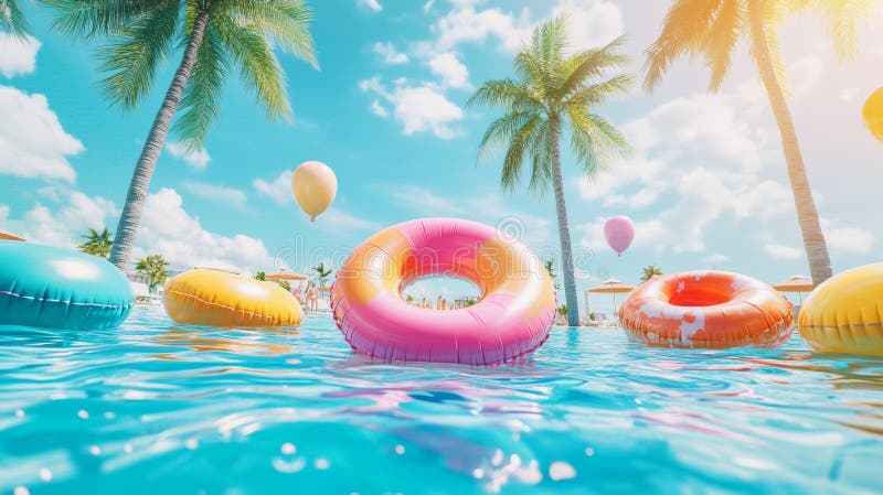 Inele gonflabile colorate plutind într-o piscină însorită înconjurată de palmieri și baloane stock images