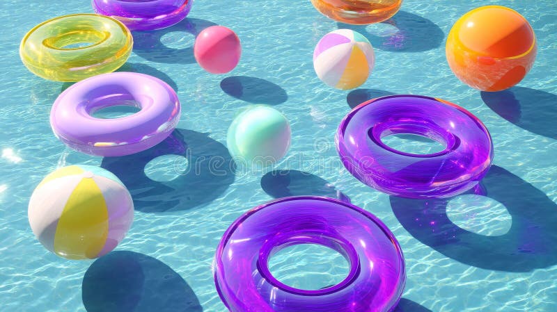Inele gonflabile colorate și bile care plutesc pe apa de piscină albastră clară royalty free stock photos