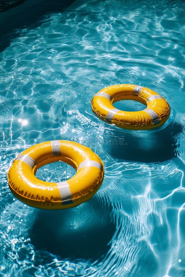 Inele gonflabile, de culoare galben deschis, plutind în apă din piscină albastră royalty free stock images