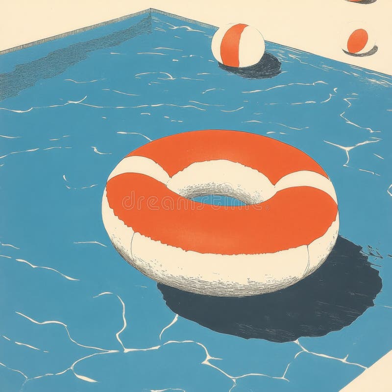 Inele gonflabile și bile în piscina însorită stock image