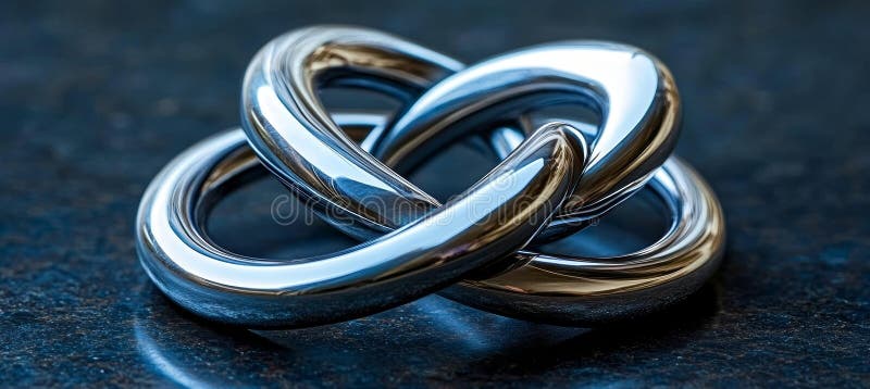 Inele metalice interblocate Sculptură crom abstractă Artă modernă Design pe fundal întunecat royalty free illustration