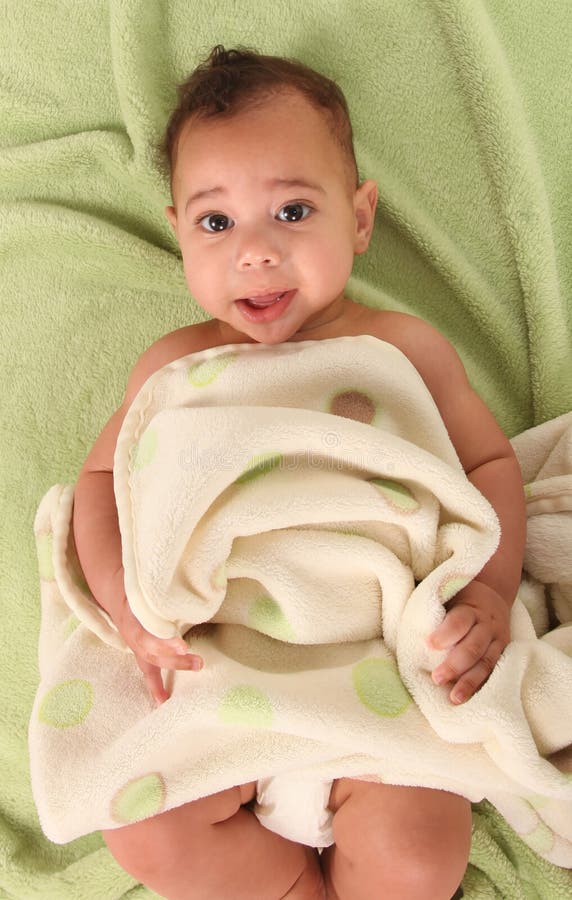 Infant Boy Lying on Baby Blankets Wearing a Diaper Stock Photo Image
