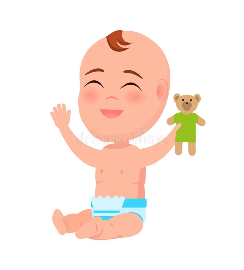 Infante sorridente felice con la risata di Teddy Toy a disposizione illustrazione di stock Infante sorridente felice con la risata di Teddy Toy a disposizione illustrazione di stock
